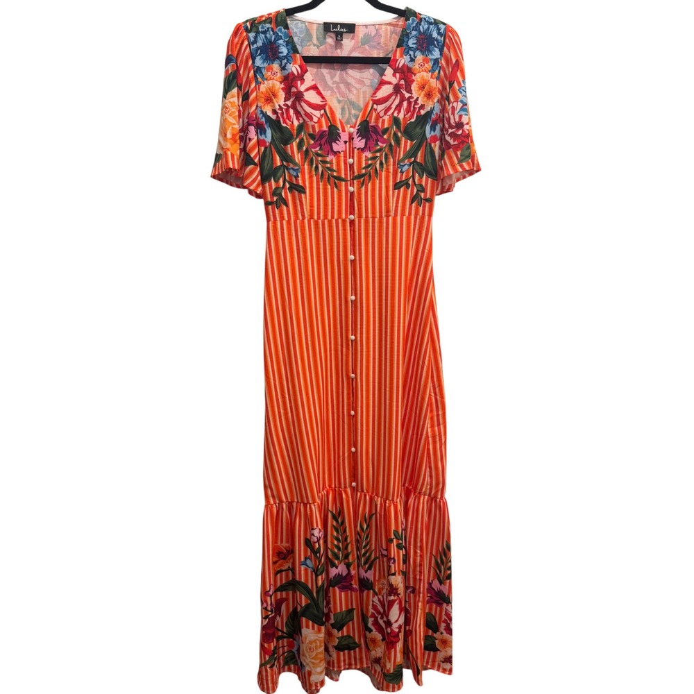 Lulu's Roam the Riviera Orange Multi Striped Button-Up Maxi Dress Size Small EUC - Picture 5 of 15